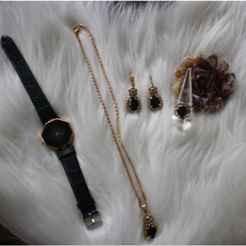 5 Piece Set Quartz Watch Necklace Earrings Ring Black NWT